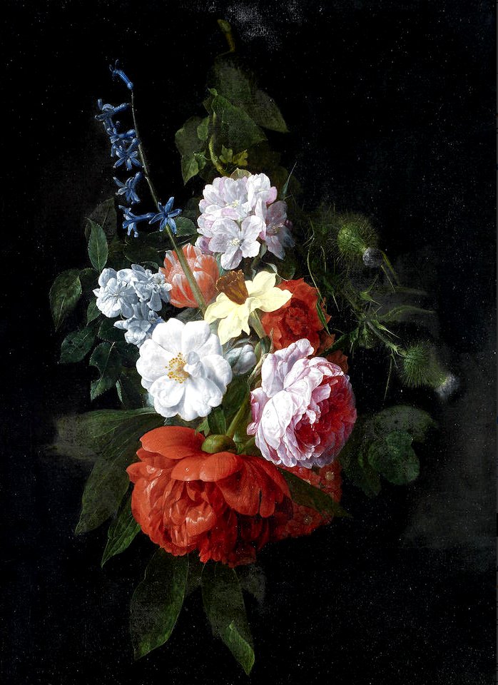 Nicolaes van Verendael - A bouquet of roses, thistles, narcissi and other flowers