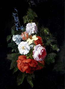 Nicolaes van Verendael - A bouquet of roses, thistles, narcissi and other flowers. Free illustration for personal and commercial use.