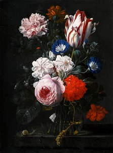 Nicolaes van Verendael - Still life with a tulip, a rose, a carnation and other flowers in a glass vase, on a stone ledge. Free illustration for personal and commercial use.