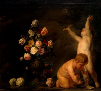 Nicolaes van Verendael and Caspar van Opstal (I) - Vase of flower with two nude children blowing bubbels (Vanitas)