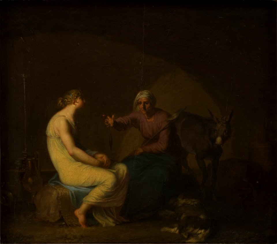 Nicolai Abildgaard - Røverbandens husholderske trøster den unge pige ved at fortælle myten om Amor og Psyche. Motiv fra Apulejus, Det gyldne æsel - KMS592 - Statens Museum for Kunst