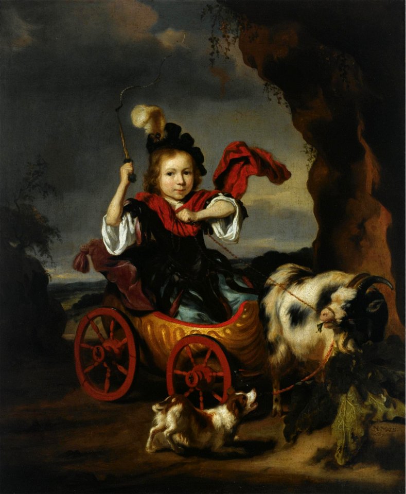 Nicolaes Maes - A Portrait of a young Boy in a Goat Cart