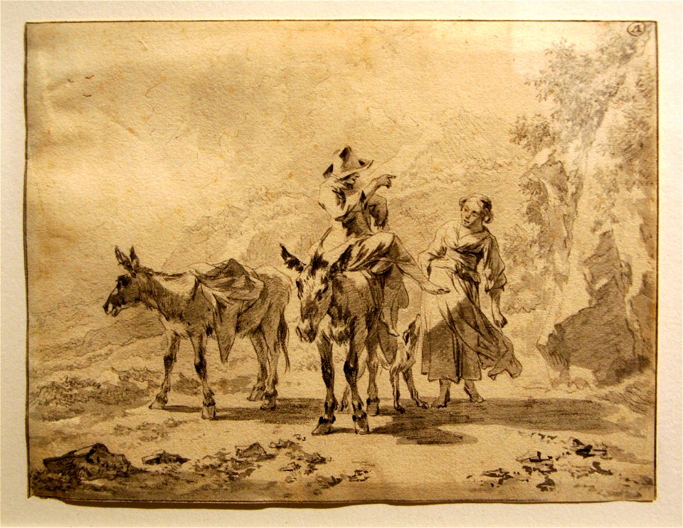 Nicolaes Pietersz. Berchem - Herder op een ezel met naast hem een herderin