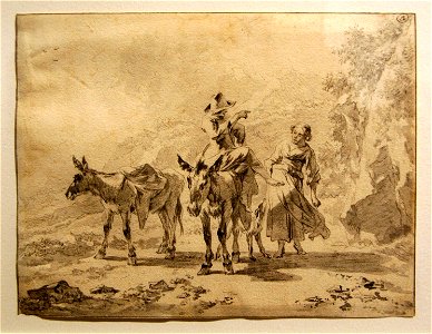 Nicolaes Pietersz. Berchem - Herder op een ezel met naast hem een herderin