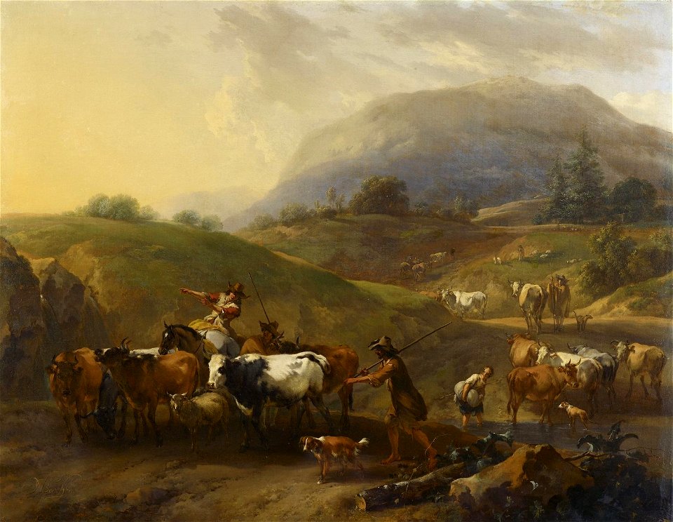 Nicolaes Berchem (Haarlem 1620-Amsterdam 1683) - A Mountainous Landscape with Herdsmen Driving Cattle down a Road - RCIN 405345 - Royal Collection