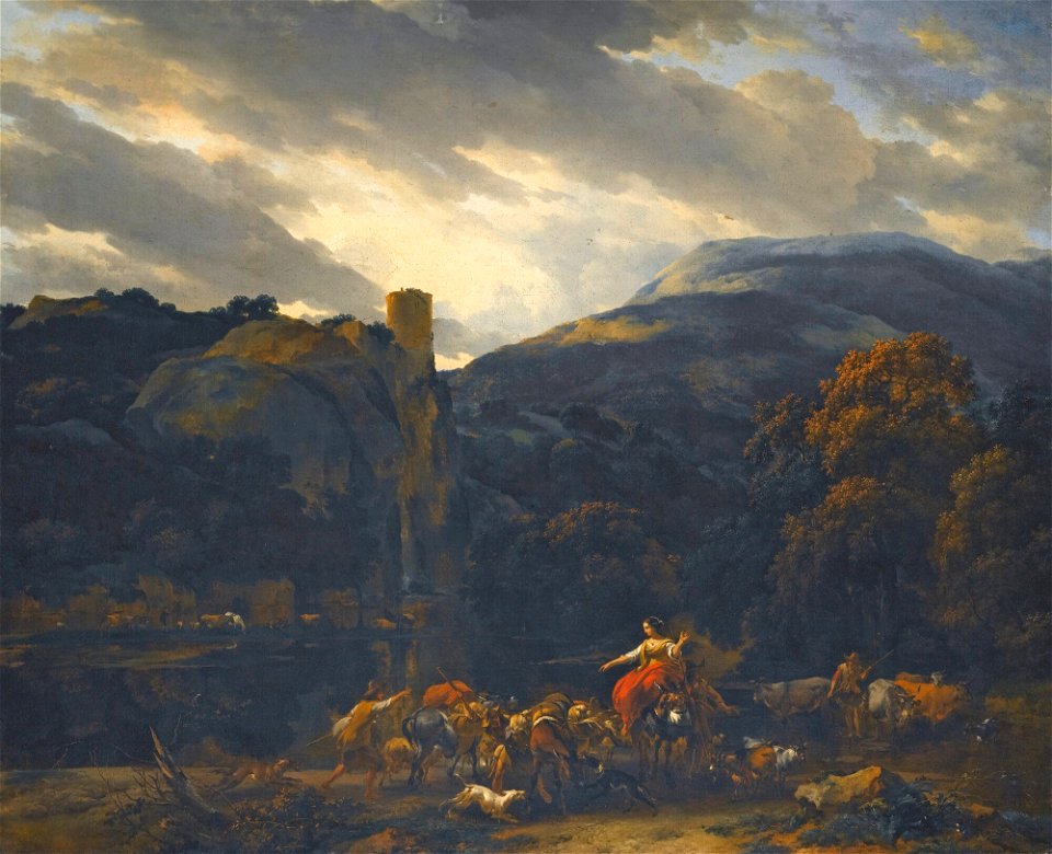Nicolaes Berchem - Mountain Landscape with herders and cattle fording a stream 4518M09 7C529
