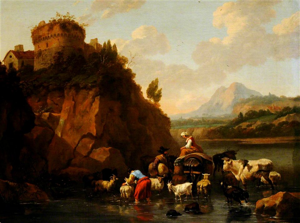 Nicolaes Pietersz Berchem (1620-1683) (circle of) - An Italianate Landscape with Herdsmen, Cattle and Goats - 960073 - National Trust