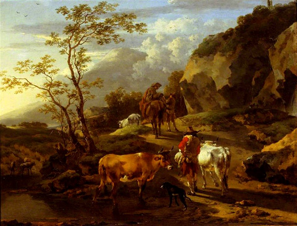 Nicolaes Pietersz Berchem (1620-1683) - Herdsfolk Retiring from a Watering-Place at Eventide - 1535109 - National Trust