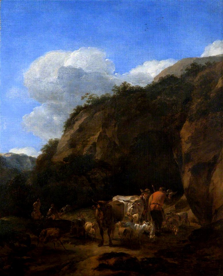 Nicolaes Pietersz Berchem (1620-1683) - A Hilly Landscape with Herdsmen, Cattle and Sheep - 108928 - National Trust