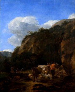 Nicolaes Pietersz Berchem (1620-1683) - A Hilly Landscape with Herdsmen, Cattle and Sheep - 108928 - National Trust