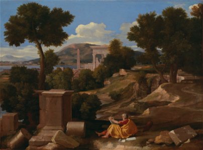 Nicolas Poussin - Landscape with Saint John on Patmos - Google Art Project. Free illustration for personal and commercial use.