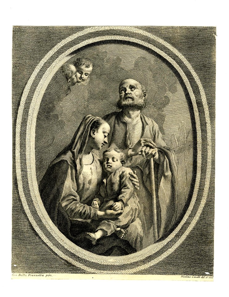 Nicolo Cavalli - The Holy Family, the Child sleeping on the Virgin's lap as Joseph looks upwards to two angels in the sky, an oval composition after a painting by Piazzetta, 1951,0714.236