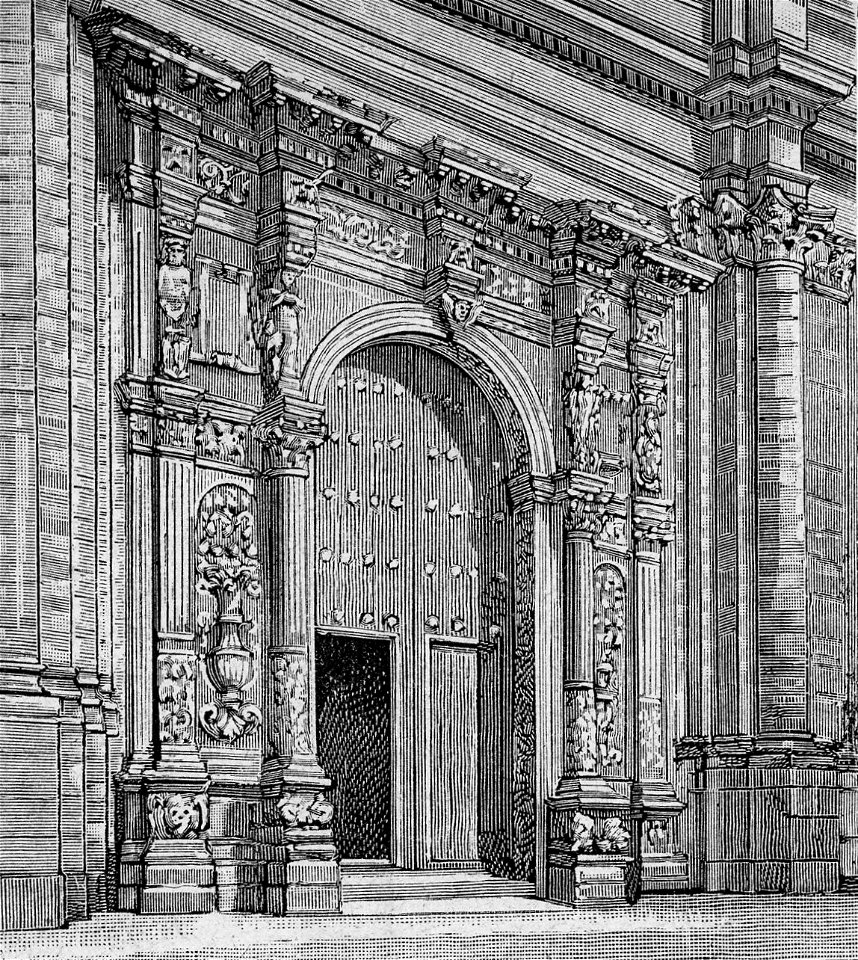 Nicosia – Porta principale della chiesa di Santa Maria Maggiore (xilografia)