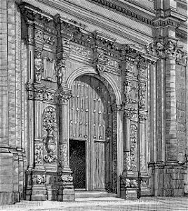 Nicosia – Porta principale della chiesa di Santa Maria Maggiore (xilografia)