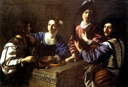 Nicolas Tournier - Drinking Party with a Lute Player - WGA23039. Free illustration for personal and commercial use.