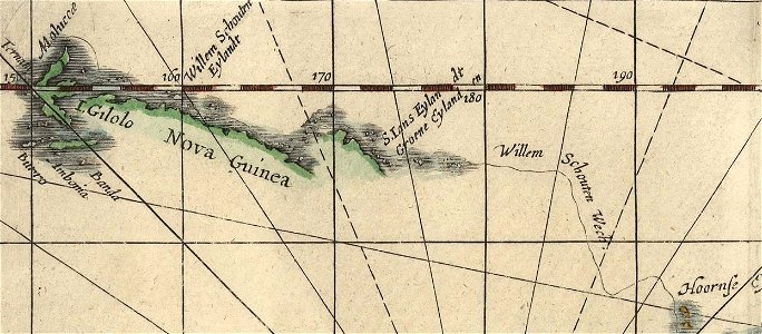 Nieuw Guinea, part of Caarte vande Zuijdzee vertonende wat wech Willem Schouten door de zelve gezeijlt 1618