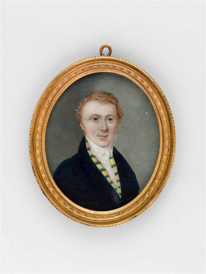Nieznany - Portret mężczyzny w granatowym fraku i żółtej kamizelce w niebieskie prążki