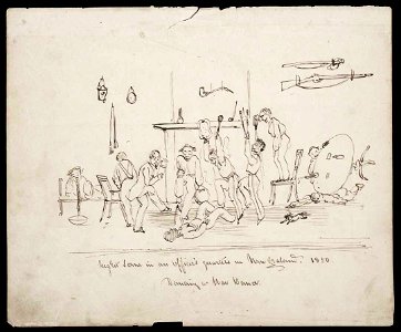Night scene in an officer's quarters in New Zealand. 1850. Dancing a war dance.- A-145-013
