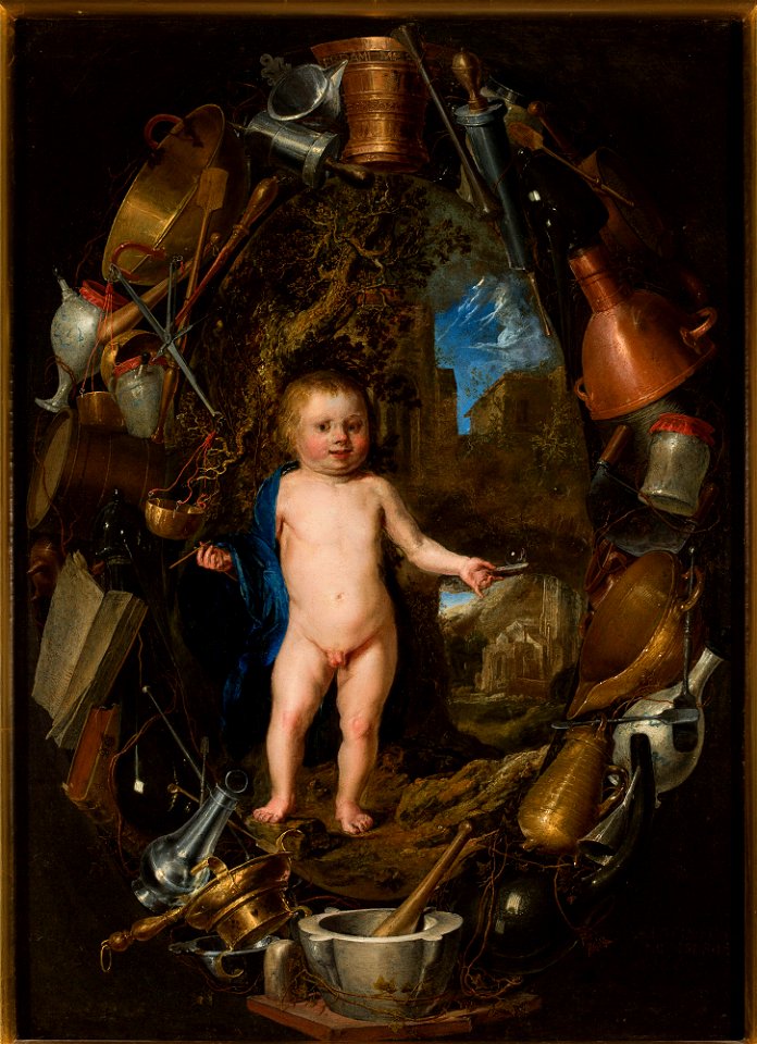 Nieznany malarz holenderski - Vanitas – Nude boy with a soap bubble surrounded with a wreath of dishes and apothecary's tools - 184852 - National Museum in Warsaw
