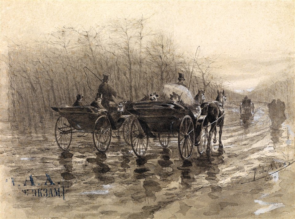 Nikolai Vasilevich Pirogov Zwei Kutschen auf der Straße 1896