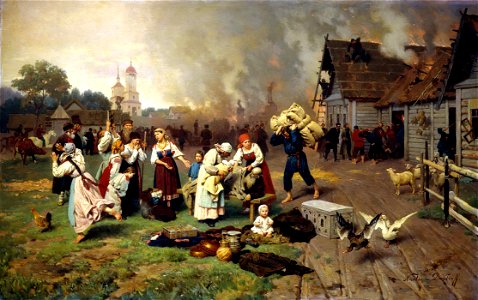 Nikolai Dmitriev-Orenburgsky The Fire in the village. Free illustration for personal and commercial use.