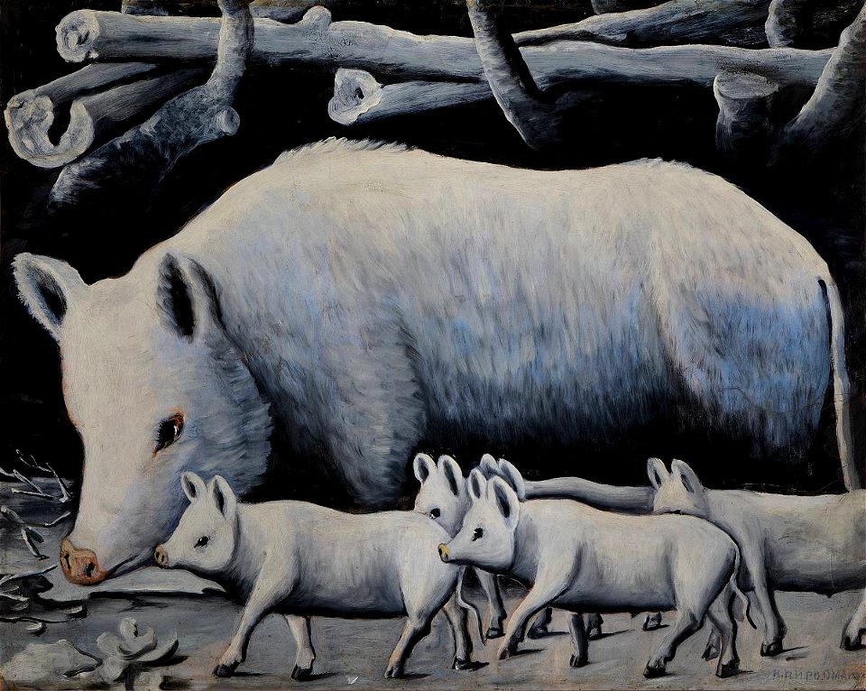 Niko Pirosmani. «White Sow with Piglets». Oil on cardboard, 80x100 cm. The State Museum of Fine Arts of Georgia, Tbilisi