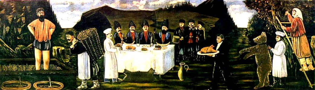 Niko Pirosmani. ''Feast at Vintage Time''. Oil on oil-cloth, 105x349 cm. The State Museum of Fine Arts of Georgia, Tbilisi
