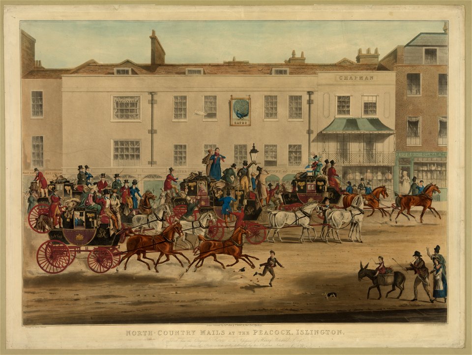 North-country mails at the Peacock, Islington - painted by James Pollard ; engraved by T. Sutherland. LCCN2008677247