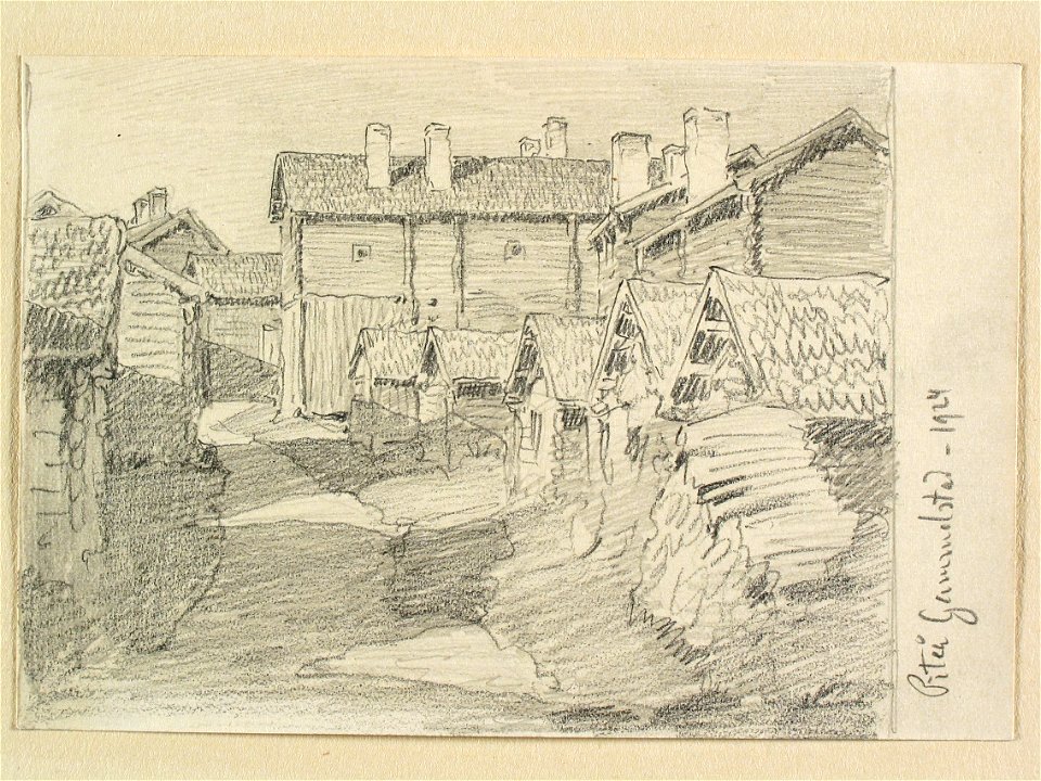 Norrbotten, Piteå landsförsamling, Piteå gammelstad. Teckning av Ferdinand Boberg - Nordiska museet - NMA.0088325