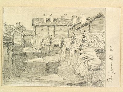 Norrbotten, Piteå landsförsamling, Piteå gammelstad. Teckning av Ferdinand Boberg - Nordiska museet - NMA.0088325
