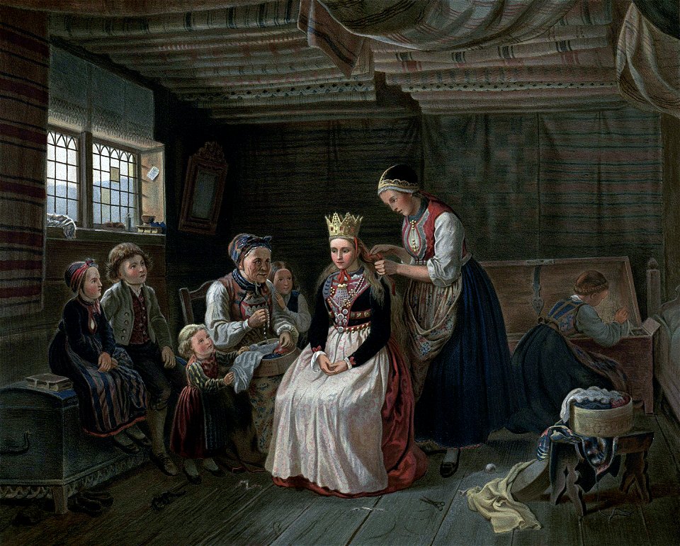Norske Folkelivsbilleder 13 - Brudepyntning paa Staburet (Adolph Tidemand)