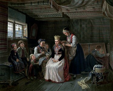 Norske Folkelivsbilleder 13 - Brudepyntning paa Staburet (Adolph Tidemand)