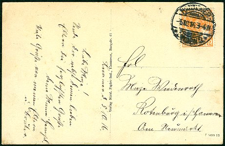 Norddeutsche Papier-Industrie PC F 2409 13 Limmer, Villa Jünke, St. Nicolaikirche, Adressseite 1916 Frl. Minza Wiedenroth Rothenburg