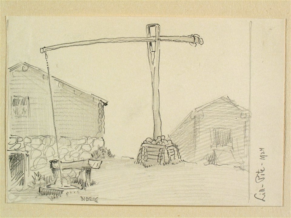 Norrbotten, Piteå landsförs., Lillpite. Gårdsbrunn. Teckning av Ferdinand Boberg - Nordiska museet - NMA.0088321