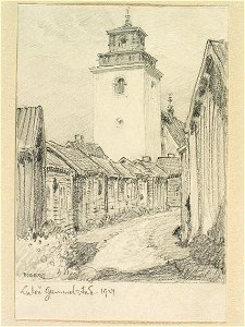 Norrbotten, Nederluleå sn., Luleå Gammelstad. Teckning av Ferdinand Boberg - Nordiska museet - NMA.0088307