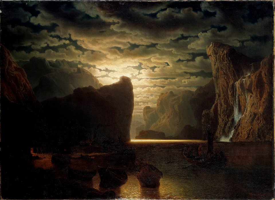 Norwegian Fjord in Moonlight. Motif from the Sogne-Fjord (Marcus Larson) - Nationalmuseum - 19004