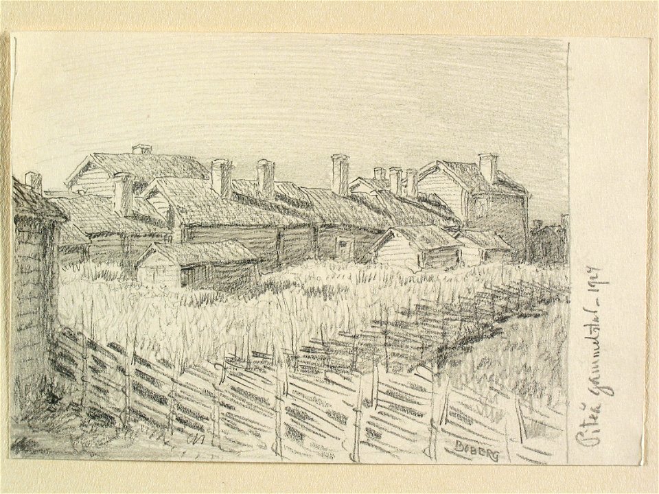 Norrbotten, Piteå landsförsamling, Piteå gammelstad. Teckning av Ferdinand Boberg - Nordiska museet - NMA.0088327