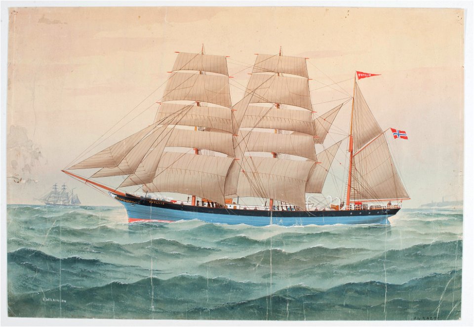 Norska barkskeppet Phyllis, akvarell av E. Wilkinson. Sjöhistoriska museet SB 851