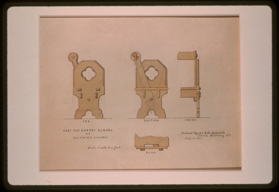 Norwich Church (Norwich, Connecticut). Sunday School. Seat. Elevations, plan, and section) - Richard Upjohn & Co., Architects, Trinity Building, N.Y LCCN97516601