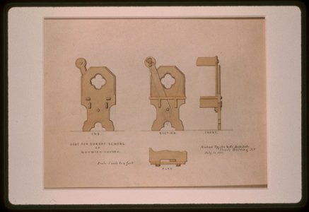 Norwich Church (Norwich, Connecticut). Sunday School. Seat. Elevations, plan, and section) - Richard Upjohn & Co., Architects, Trinity Building, N.Y LCCN97516601