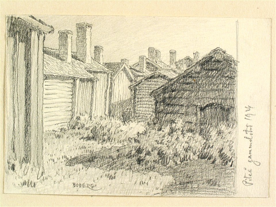 Norrbotten, Piteå landsförsamling, Piteå gammelstad. Teckning av Ferdinand Boberg - Nordiska museet - NMA.0088328
