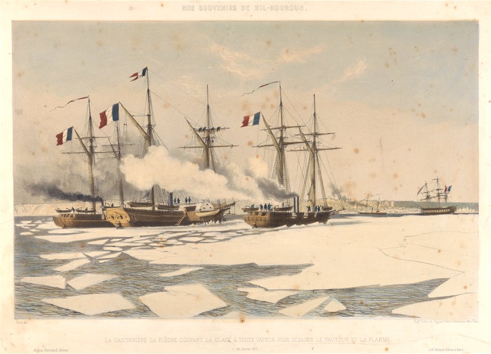 Nos Souvenirs de Kil-Bouron. La Canonniere la Fleche coupant la glace a toute vapeur pour degager le Vautour et la Flamme 28 Janvier 1856) RMG PY0863