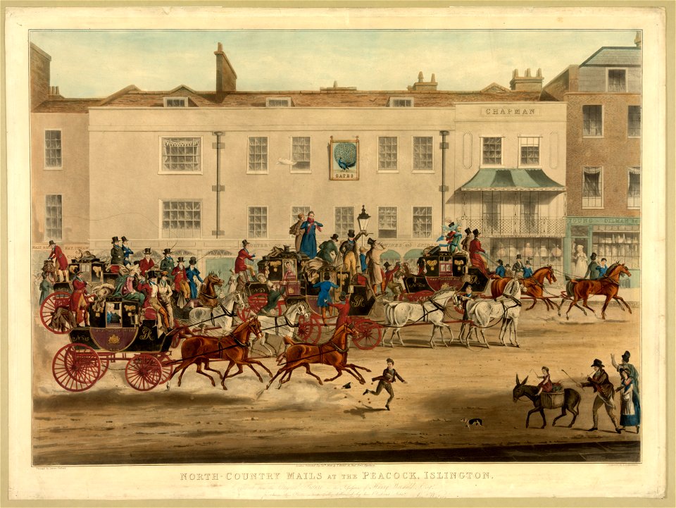 North-country mails at the Peacock, Islington - painted by James Pollard ; engraved by T. Sutherland. LCCN2008677247