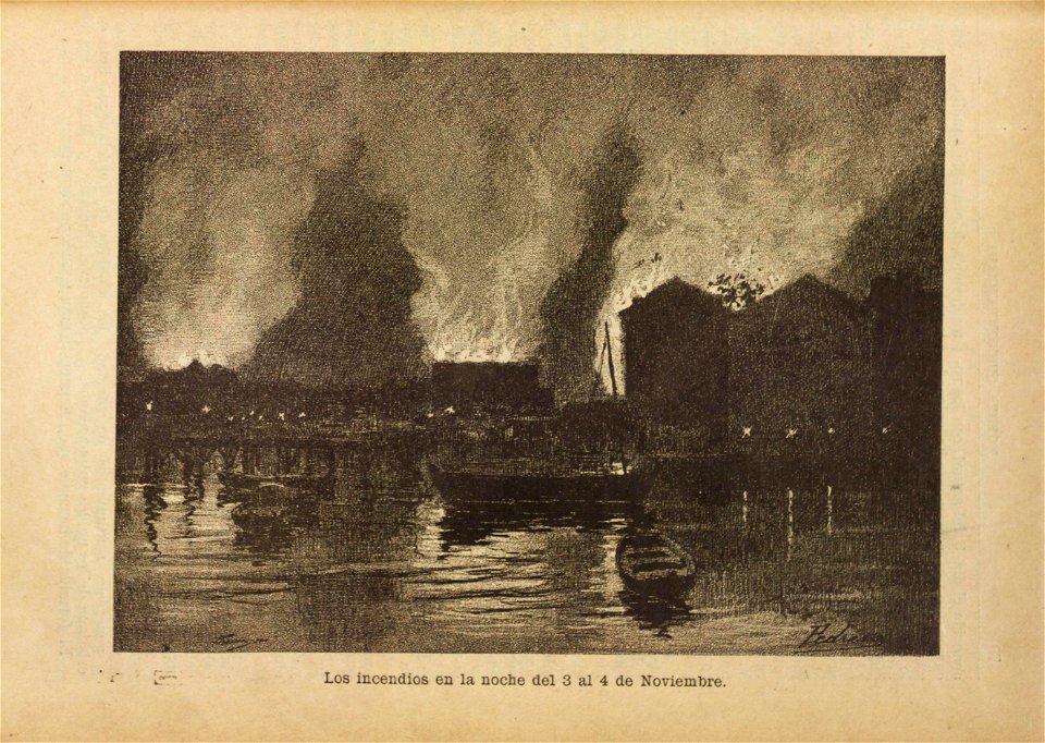 Noticia circunstanciada de la explosión del vapor Cabo Machichaco 1893, artwork by Mariano Pedrero, 1894, collection of BMS