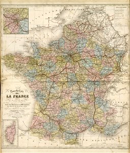 Nouvelle carte de la France indiquant les routes de poste, les routes impériales et départementales avec les distances en kilomètres, les chemins de fer et les canaux - Fonds Ancely - B315556101 A LEVASSEUR 102