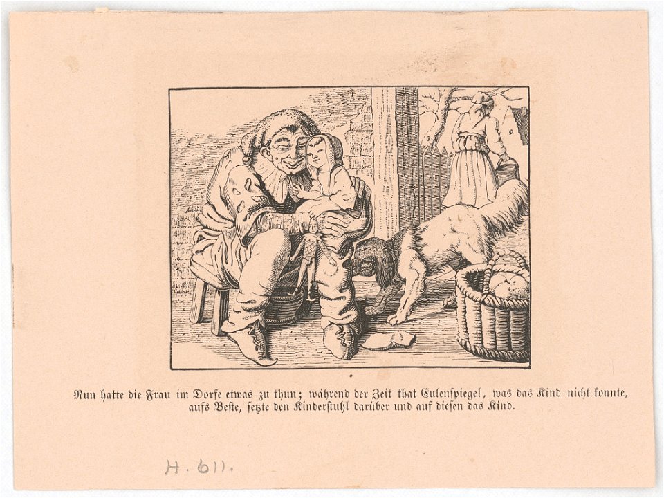 Nun hatte die Frau im Dorfe etwas zu thun; während der Zeit that Eulenspiegel, was das Kind nicht konnte, aus Beste, setzte den Kinderstuhl darüber und auf diesen das Kind LCCN2017660121