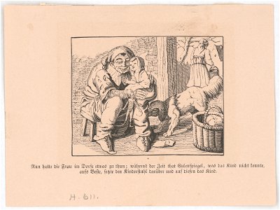 Nun hatte die Frau im Dorfe etwas zu thun; während der Zeit that Eulenspiegel, was das Kind nicht konnte, aus Beste, setzte den Kinderstuhl darüber und auf diesen das Kind LCCN2017660121