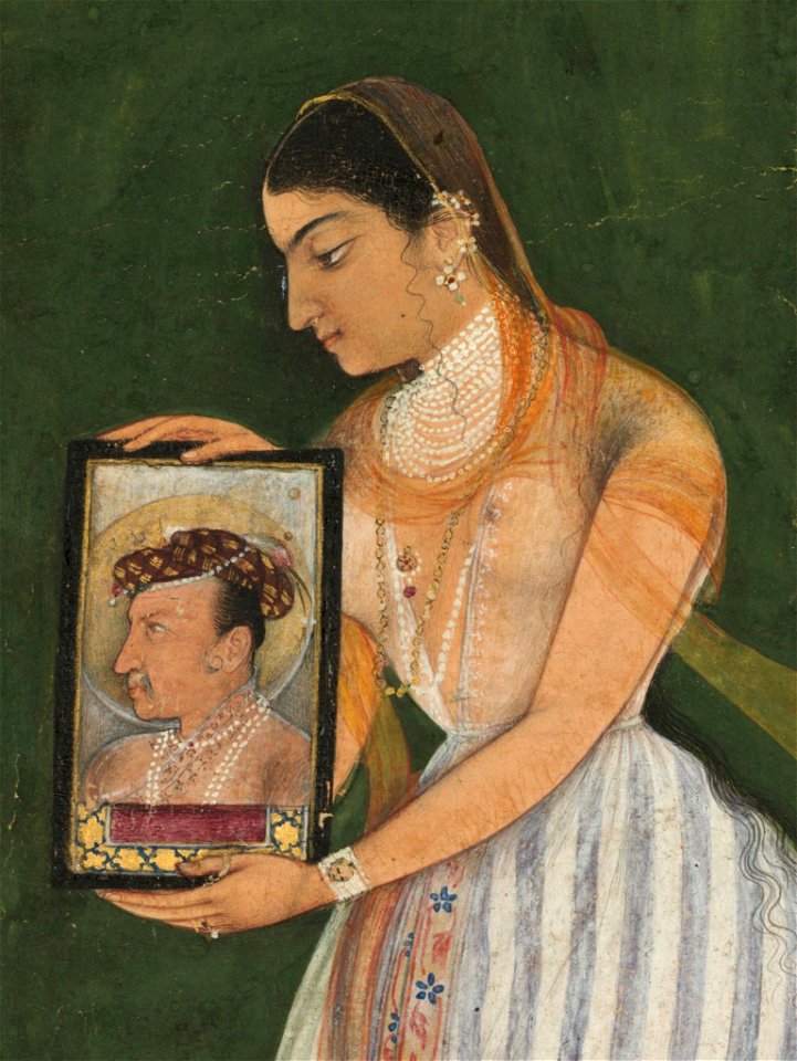 Nur Jahan holding a portrait of Emperor Jahangir, about 1627