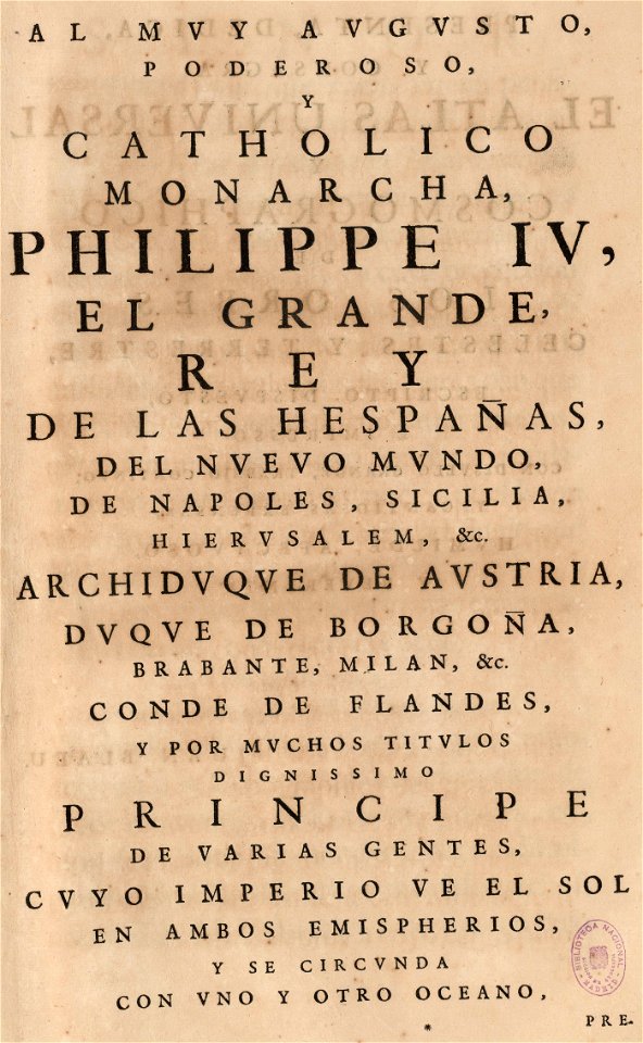 Nuevo Atlas o Teatro Mundo - dedication page of spanish edition of Joan Blaeu's atlas