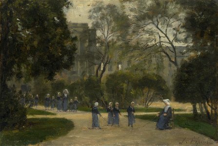Nuns and Schoolgirls in the Tuileries Gardens, Paris 1871-1873 Stanislas Lepine. Free illustration for personal and commercial use.